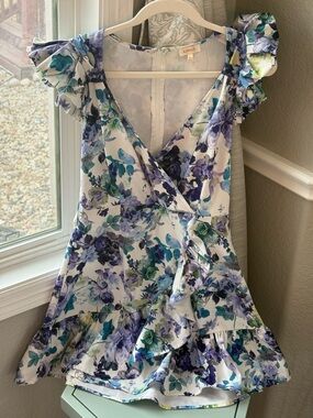 Floral Wrap Ruffle Dress in Blue & Purple